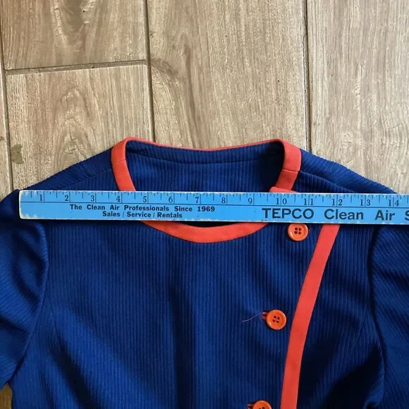 Vintage Retro Handmade 50s Cotton Navy Blue & Red One Piece Dress Size Small - Picture 5 of 8